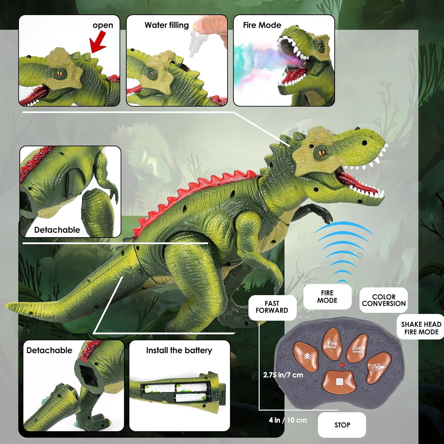 Remote Control T-Rex Dinosaur Toy with LED Lights, Fog Spray & Realistic Roars for Kids 3+