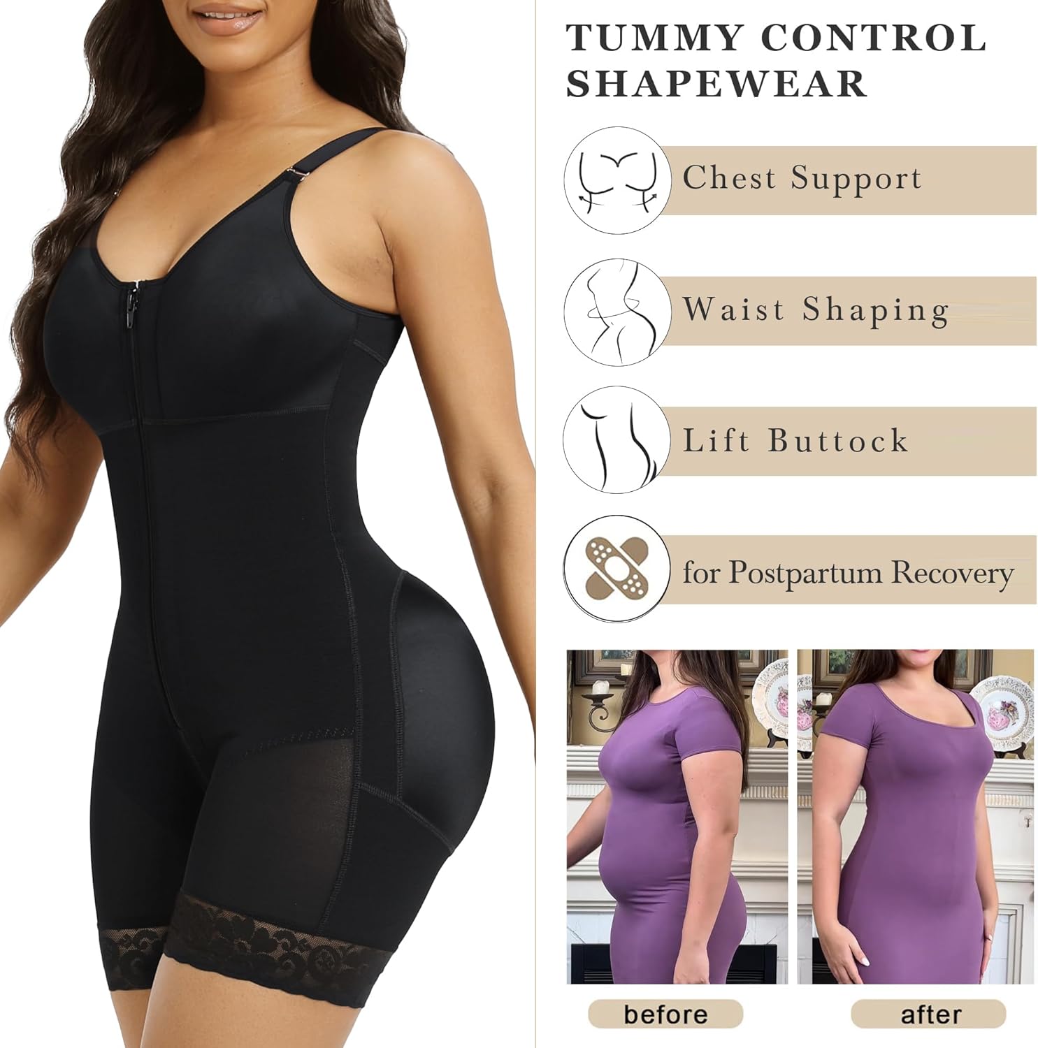 Postpartum Full Body Shapewear with Tummy Control, Butt Lifter & Zipper Crotch