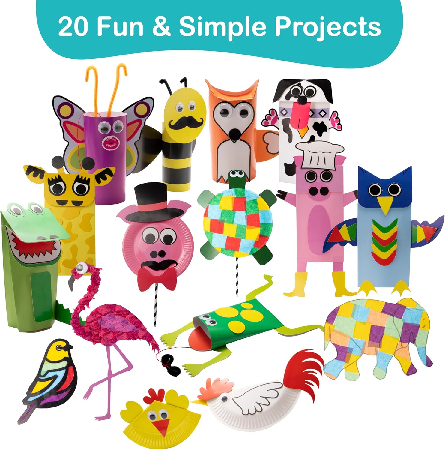 20 Pre-Prepped Animal Crafts for Kids Ages 3-10, All-Inclusive Mess-Free Art Kit