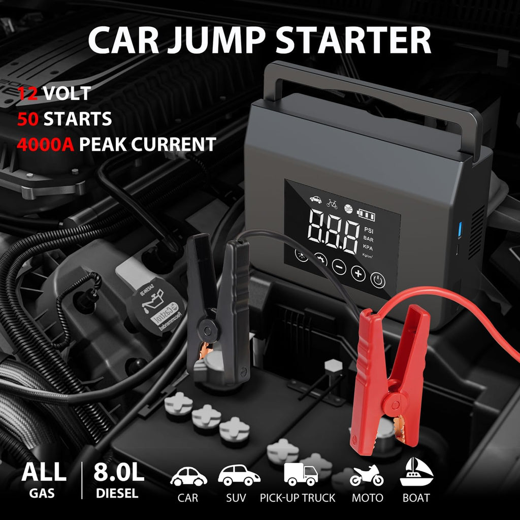 4000A Car Jump Starter with 150PSI Air Compressor, 15000mAh Power Bank & LED Light