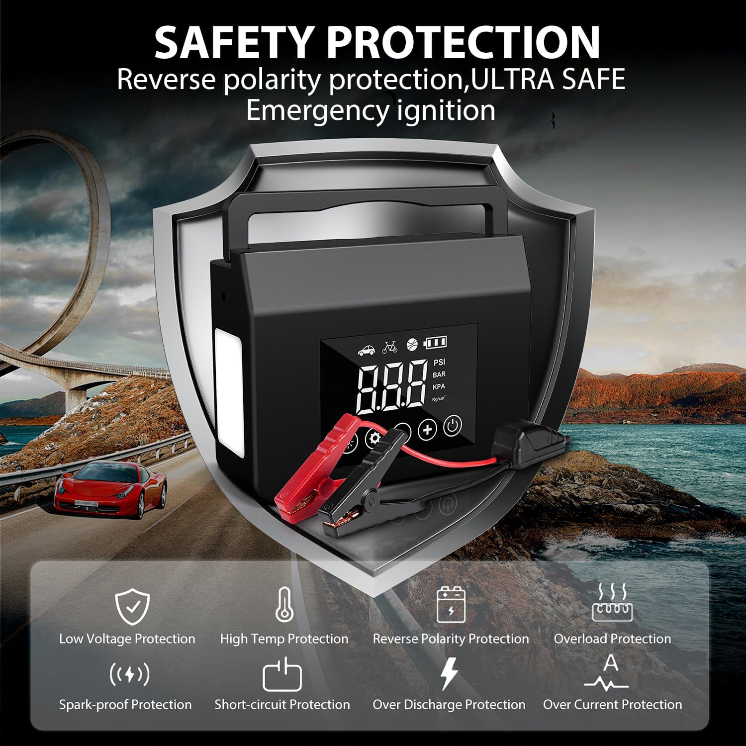 4000A Car Jump Starter with 150PSI Air Compressor, 15000mAh Power Bank & LED Light