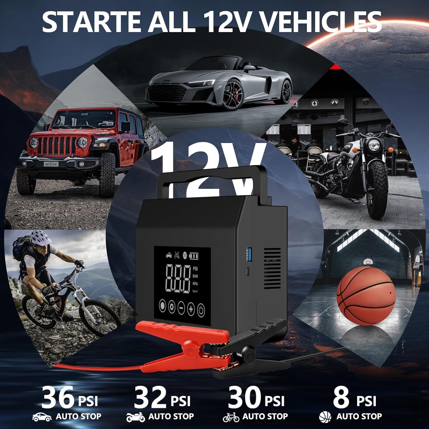 4000A Car Jump Starter with 150PSI Air Compressor, 15000mAh Power Bank & LED Light