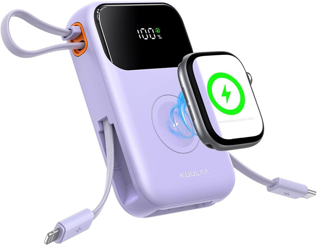 10000mAh Portable Charger with Built-in Cables & 22.5W Fast Charging, Purple