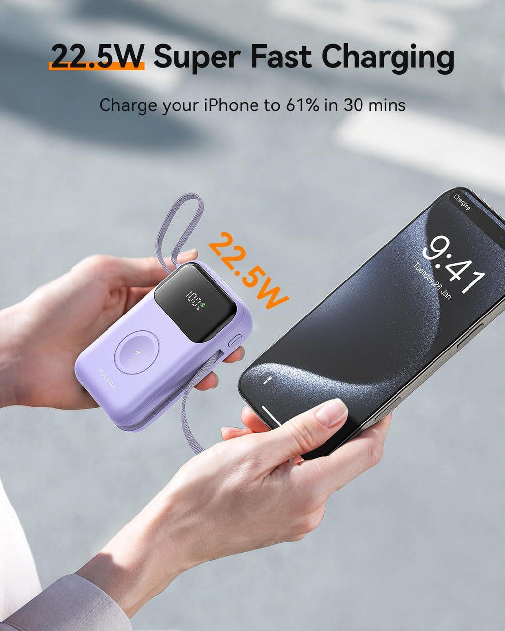 10000mAh Portable Charger with Built-in Cables & 22.5W Fast Charging, Purple