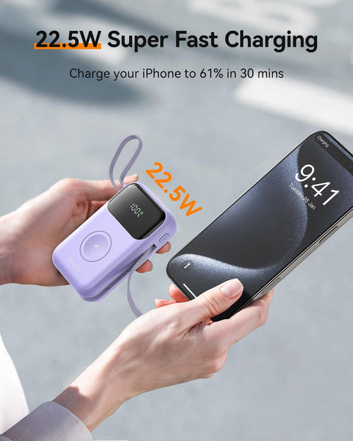 10000mAh Portable Charger with Built-in Cables & 22.5W Fast Charging, Purple