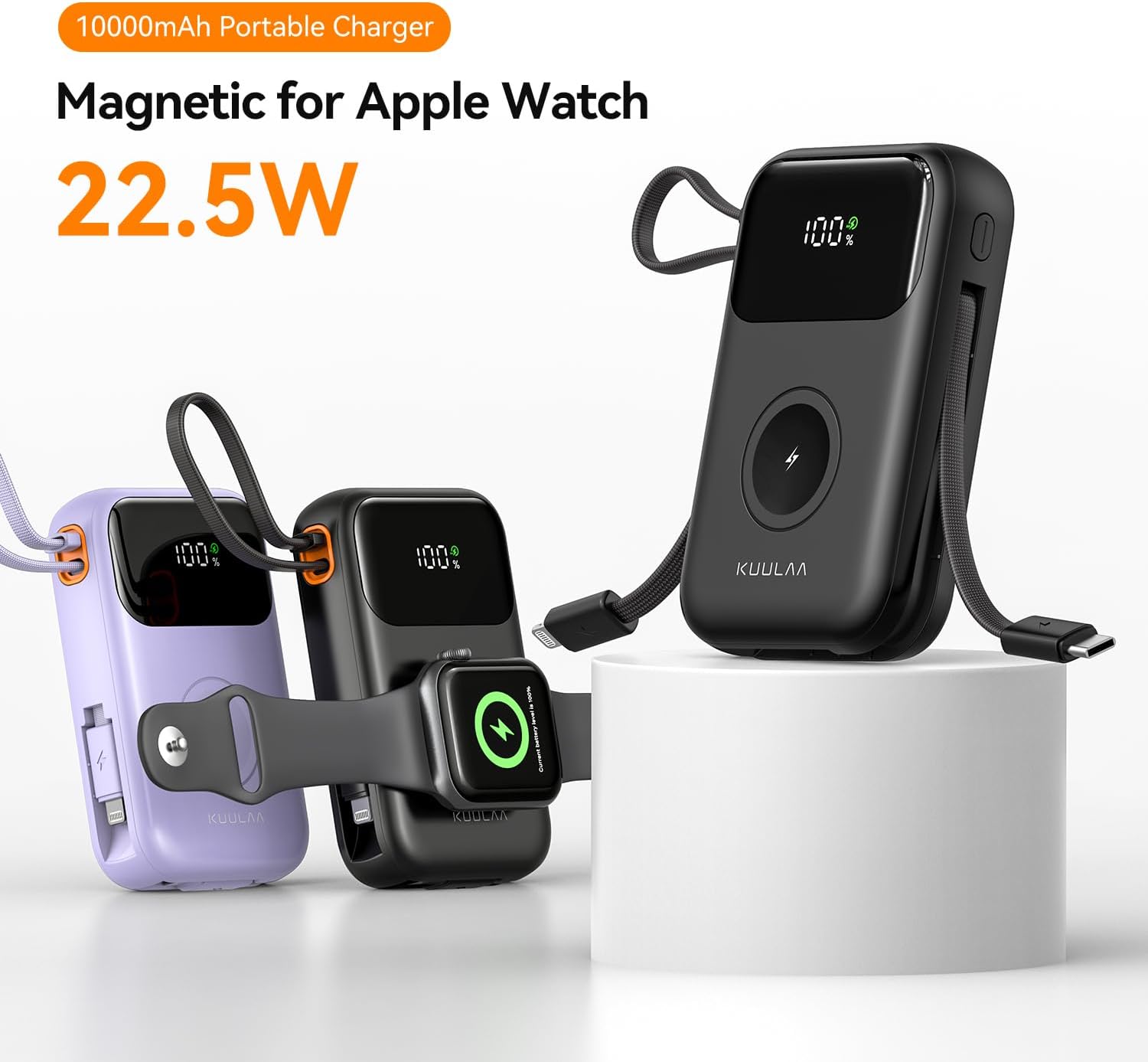 10000mAh Portable Charger with Built-in Cables & 22.5W Fast Charging, Purple
