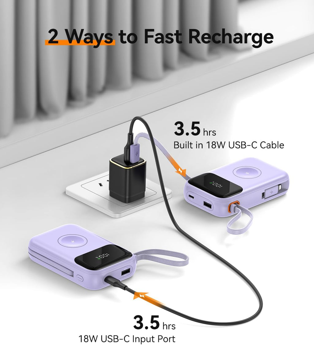 10000mAh Portable Charger with Built-in Cables & 22.5W Fast Charging, Purple