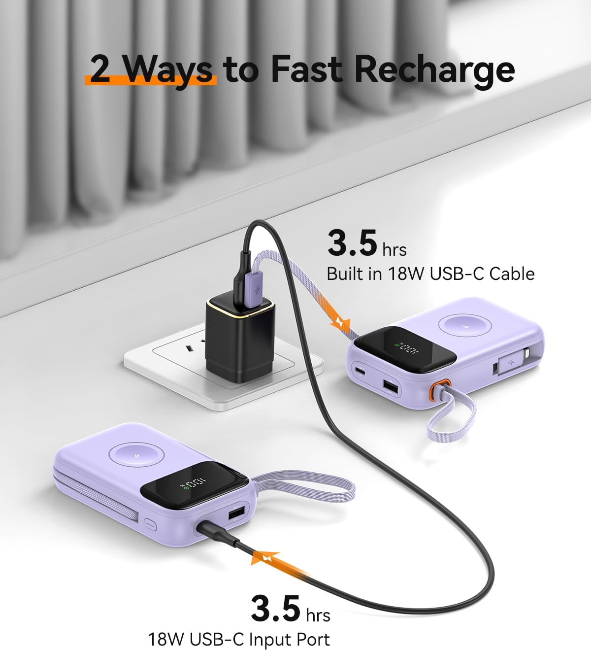 10000mAh Portable Charger with Built-in Cables & 22.5W Fast Charging, Purple