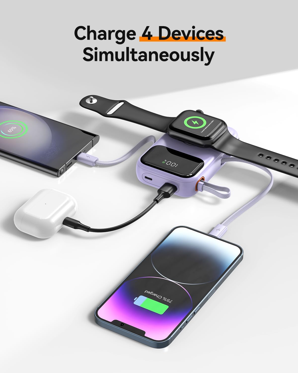 10000mAh Portable Charger with Built-in Cables & 22.5W Fast Charging, Purple