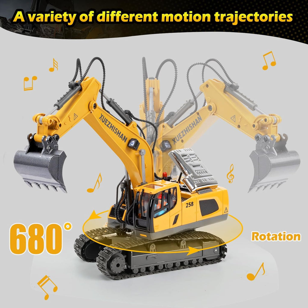 680° Rotating Remote Control Excavator Toy with Metal Shovel, Lights & Sounds