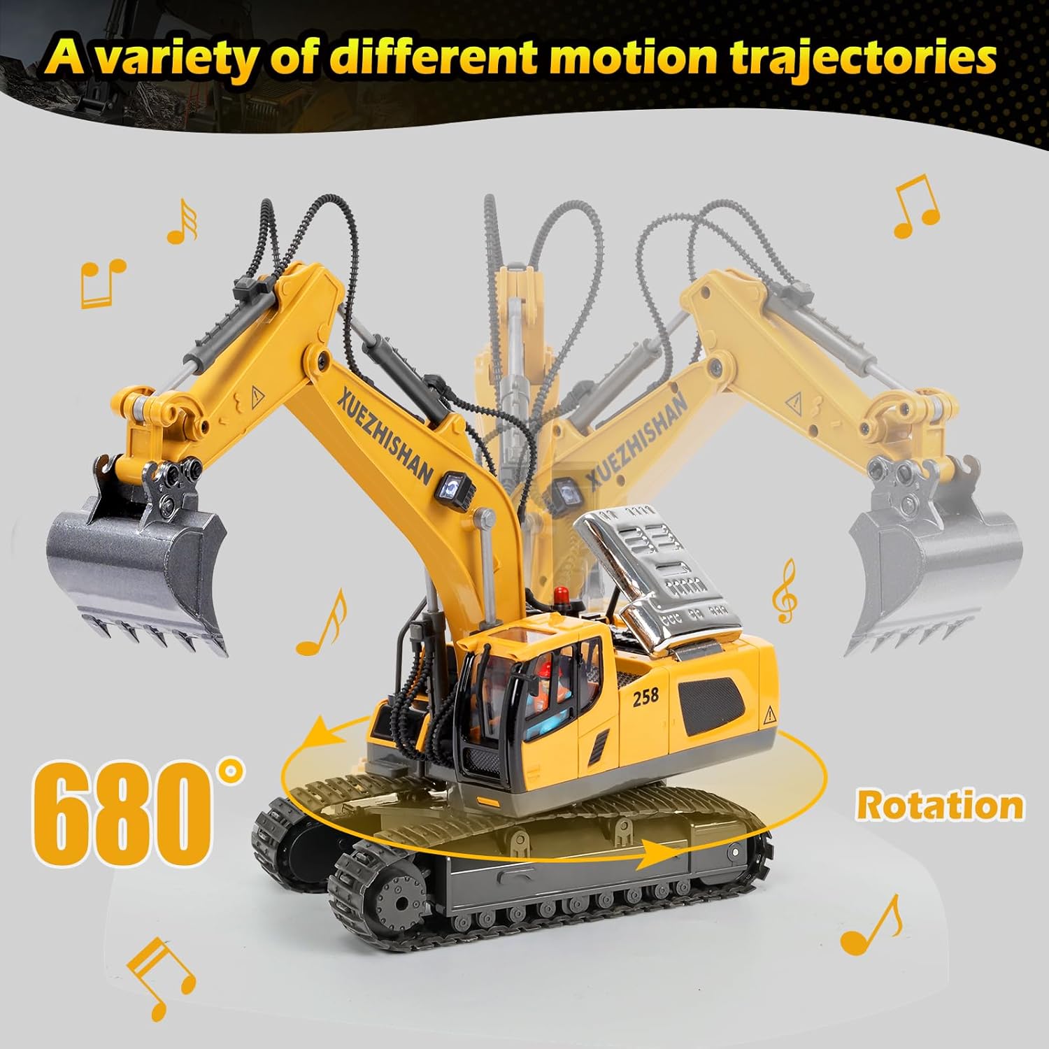 680° Rotating Remote Control Excavator Toy with Metal Shovel, Lights & Sounds