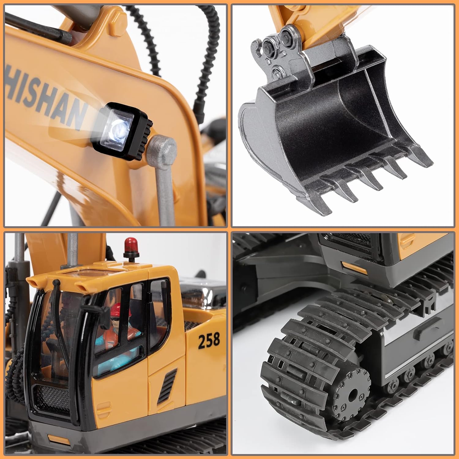 680° Rotating Remote Control Excavator Toy with Metal Shovel, Lights & Sounds