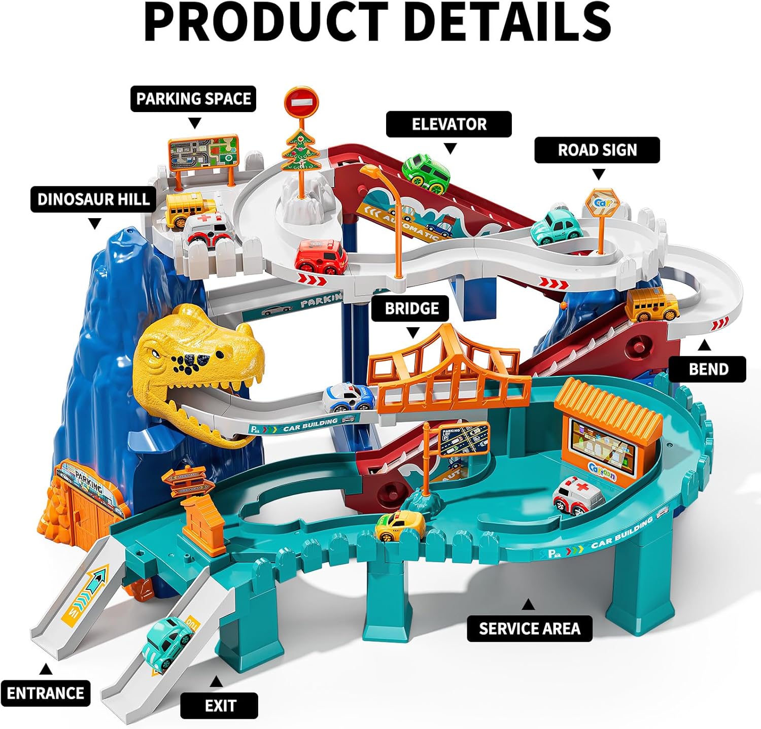 Dinosaur Race Track Playset with 10 Mini Cars, Educational Ramp Garage Toy for Kids Ages 3-8