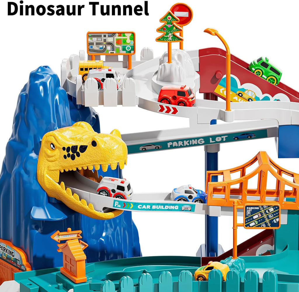 Dinosaur Race Track Playset with 10 Mini Cars, Educational Ramp Garage Toy for Kids Ages 3-8