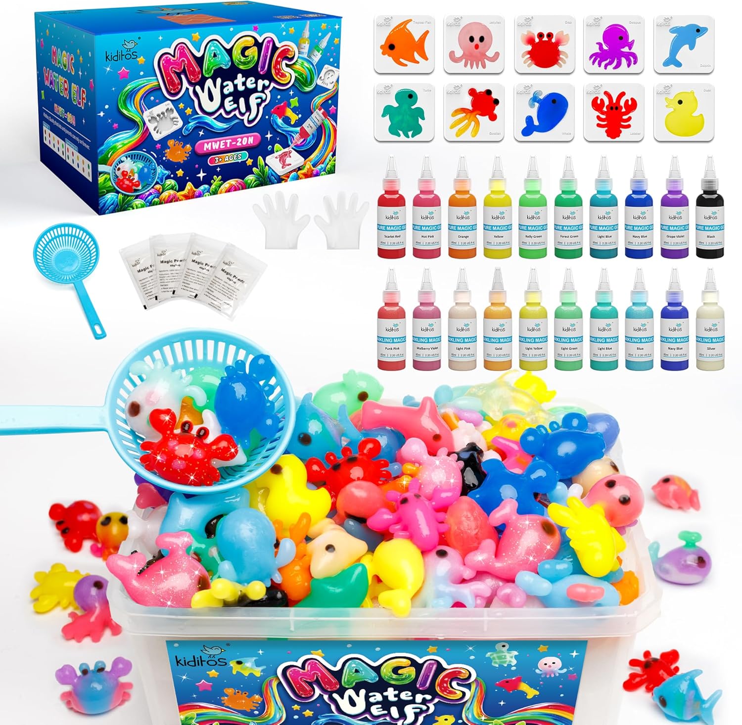 Magic Water Elf Toy Kit - 20 Gels & 10 Sea Creature Molds, DIY Sensory Craft for Kids Ages 3+