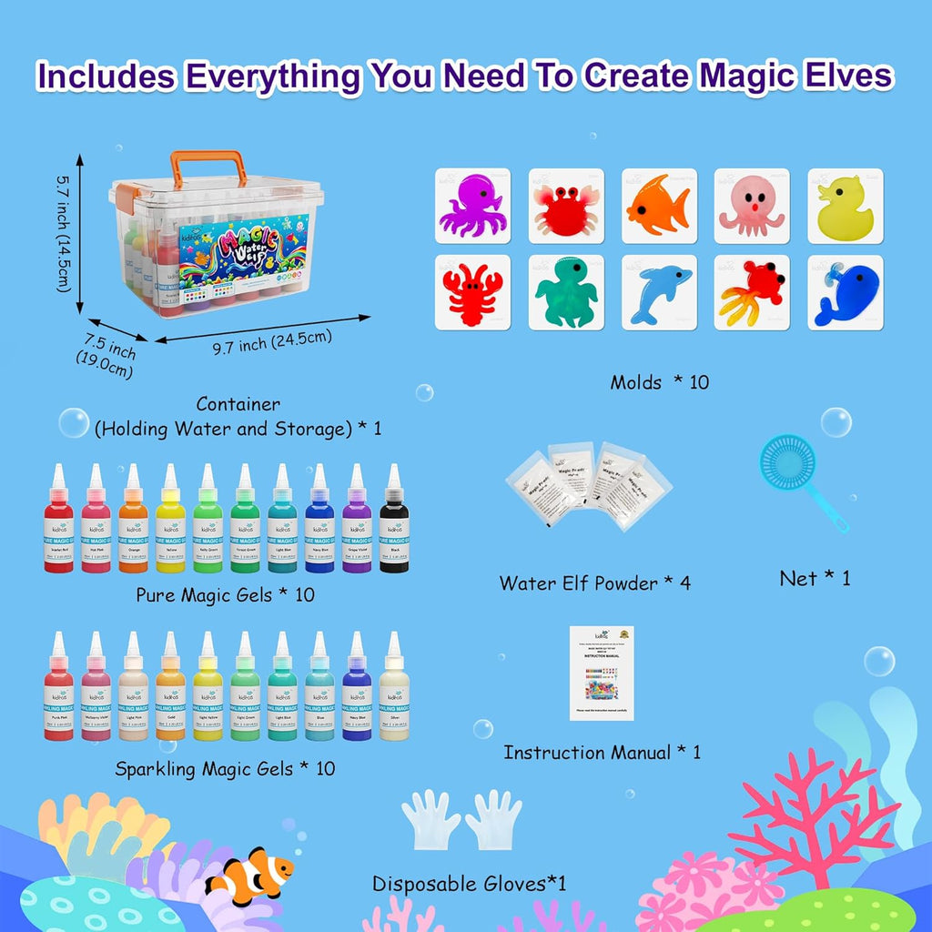 Magic Water Elf Toy Kit - 20 Gels & 10 Sea Creature Molds, DIY Sensory Craft for Kids Ages 3+