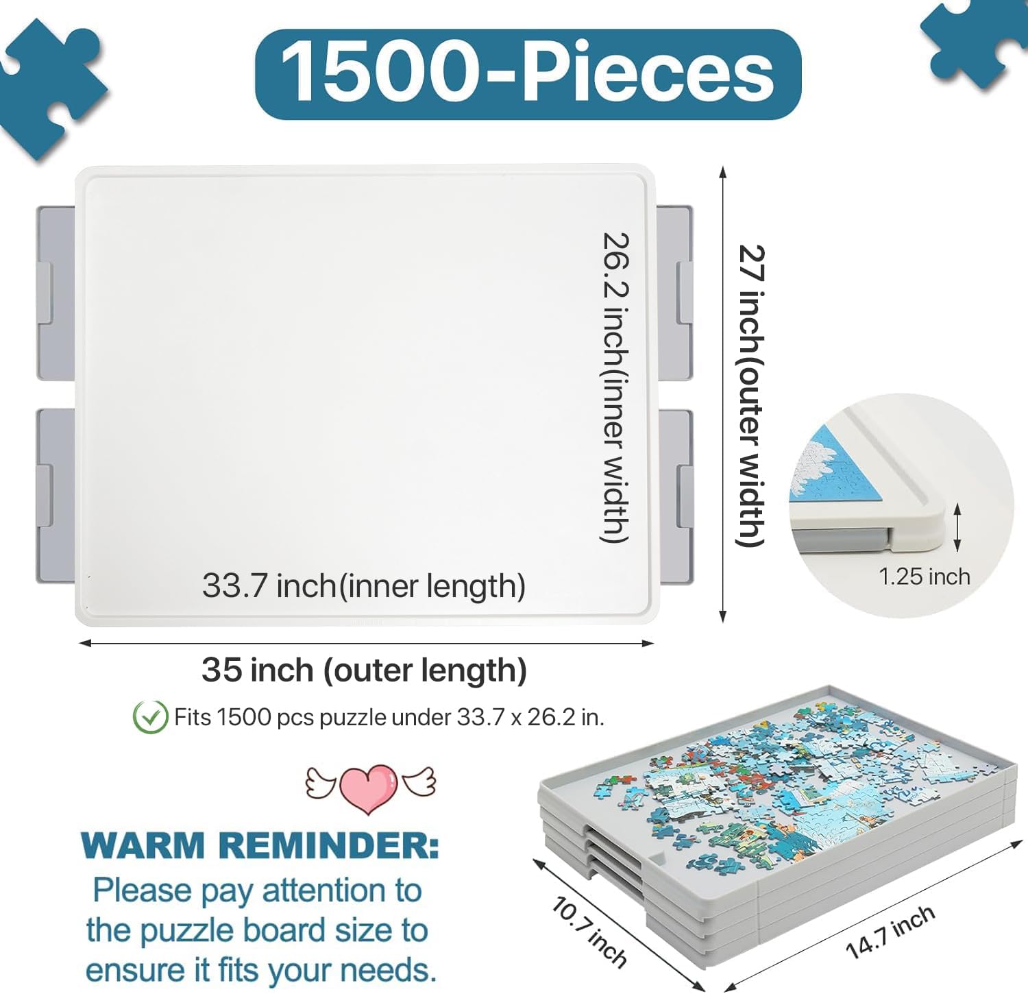 1500-Piece Rotating Puzzle Board with Drawers & Cover, 35x27 Inch Spinning Jigsaw Table
