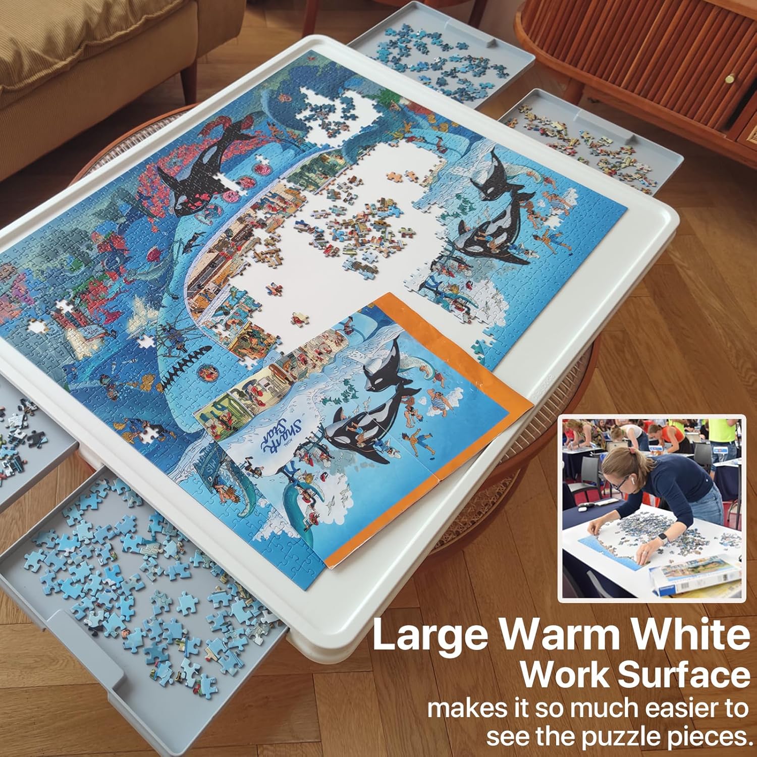 1500-Piece Rotating Puzzle Board with Drawers & Cover, 35x27 Inch Spinning Jigsaw Table