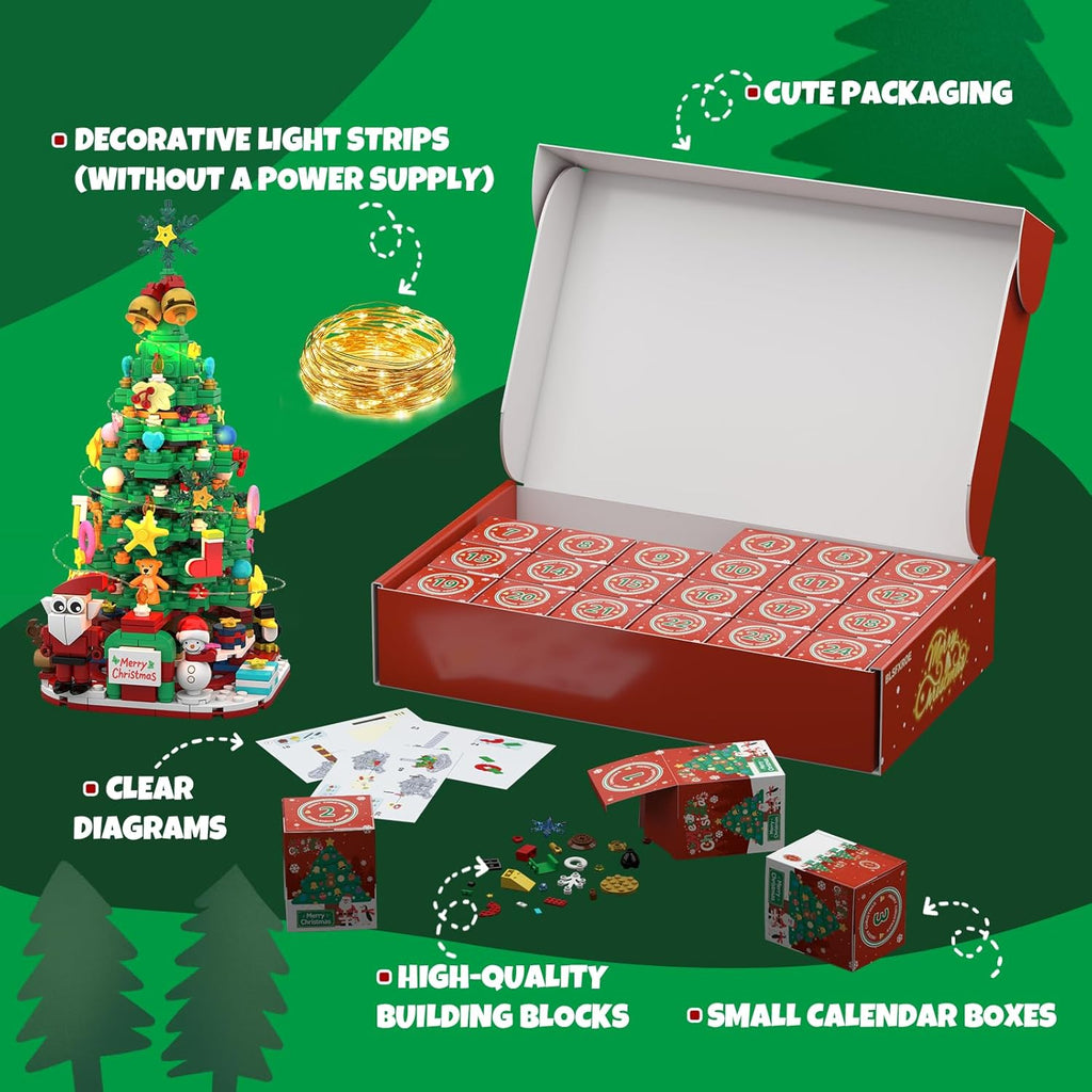 2025 Advent Calendar Christmas Tree Building Blocks with LED Light, 24-Day Countdown Decor
