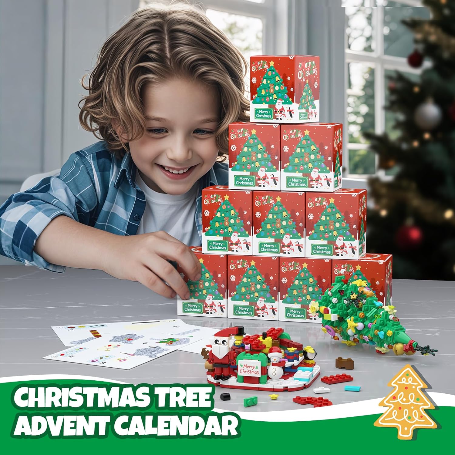 2025 Advent Calendar Christmas Tree Building Blocks with LED Light, 24-Day Countdown Decor
