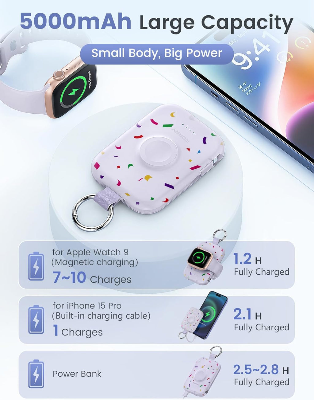 5000mAh Portable Charger with Built-in Cables, Keychain Power Bank for Smartwatches and Phones