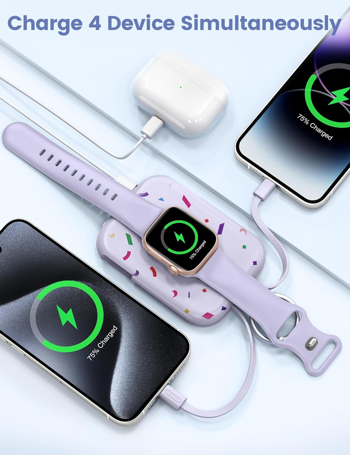 5000mAh Portable Charger with Built-in Cables, Keychain Power Bank for Smartwatches and Phones