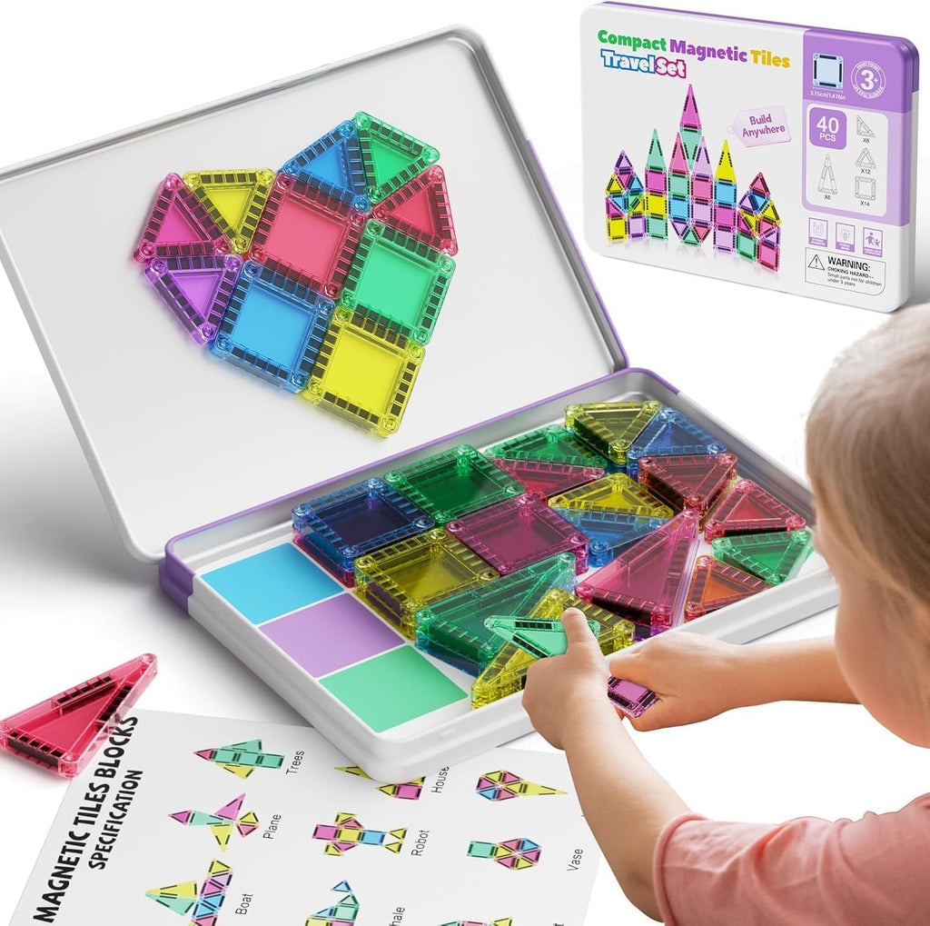 Mini Magnetic Tiles Building Blocks 40PCS - Montessori Educational Travel Construction Set with Storage Box