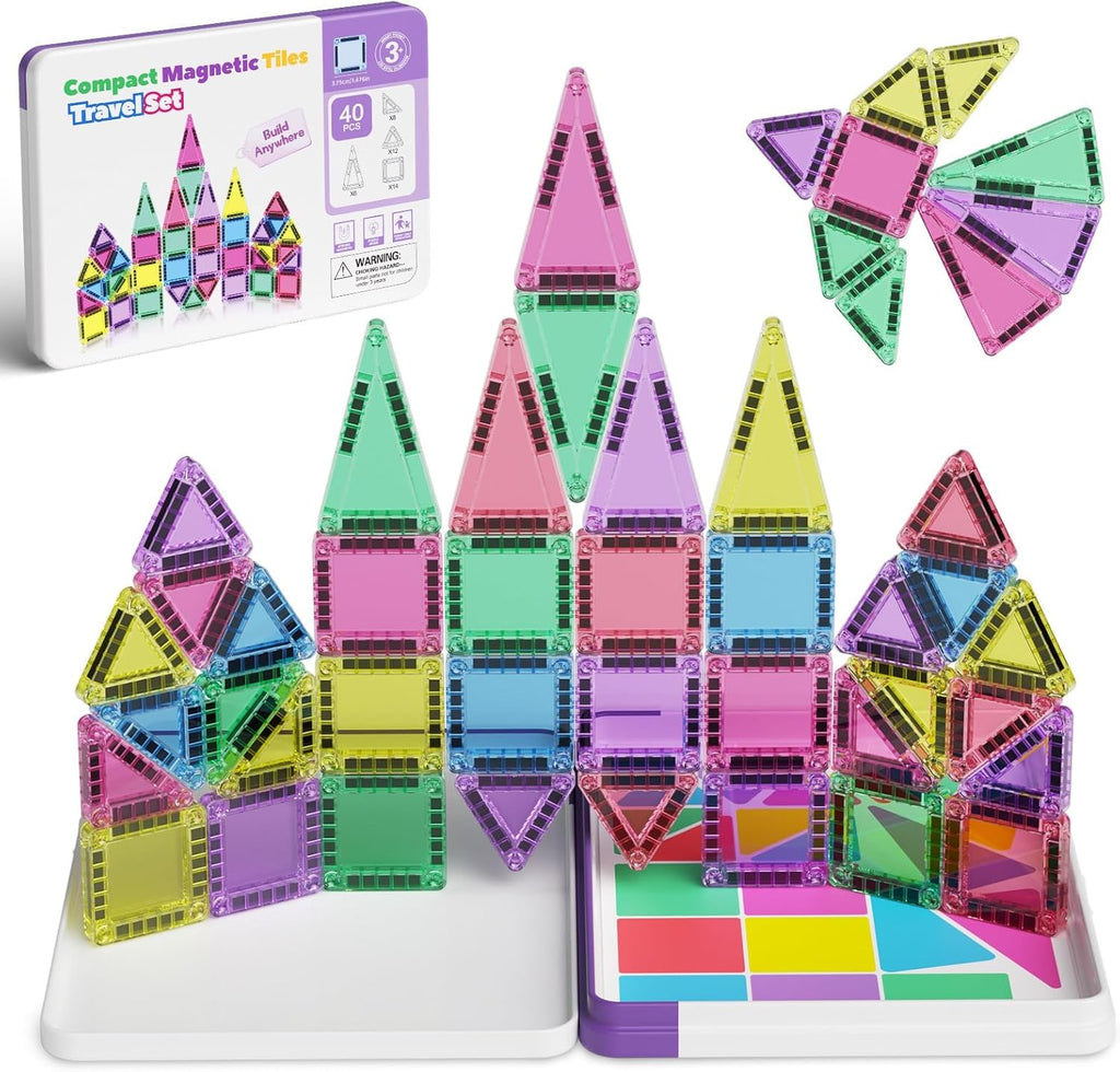 Mini Magnetic Tiles Building Blocks 40PCS - Montessori Educational Travel Construction Set with Storage Box