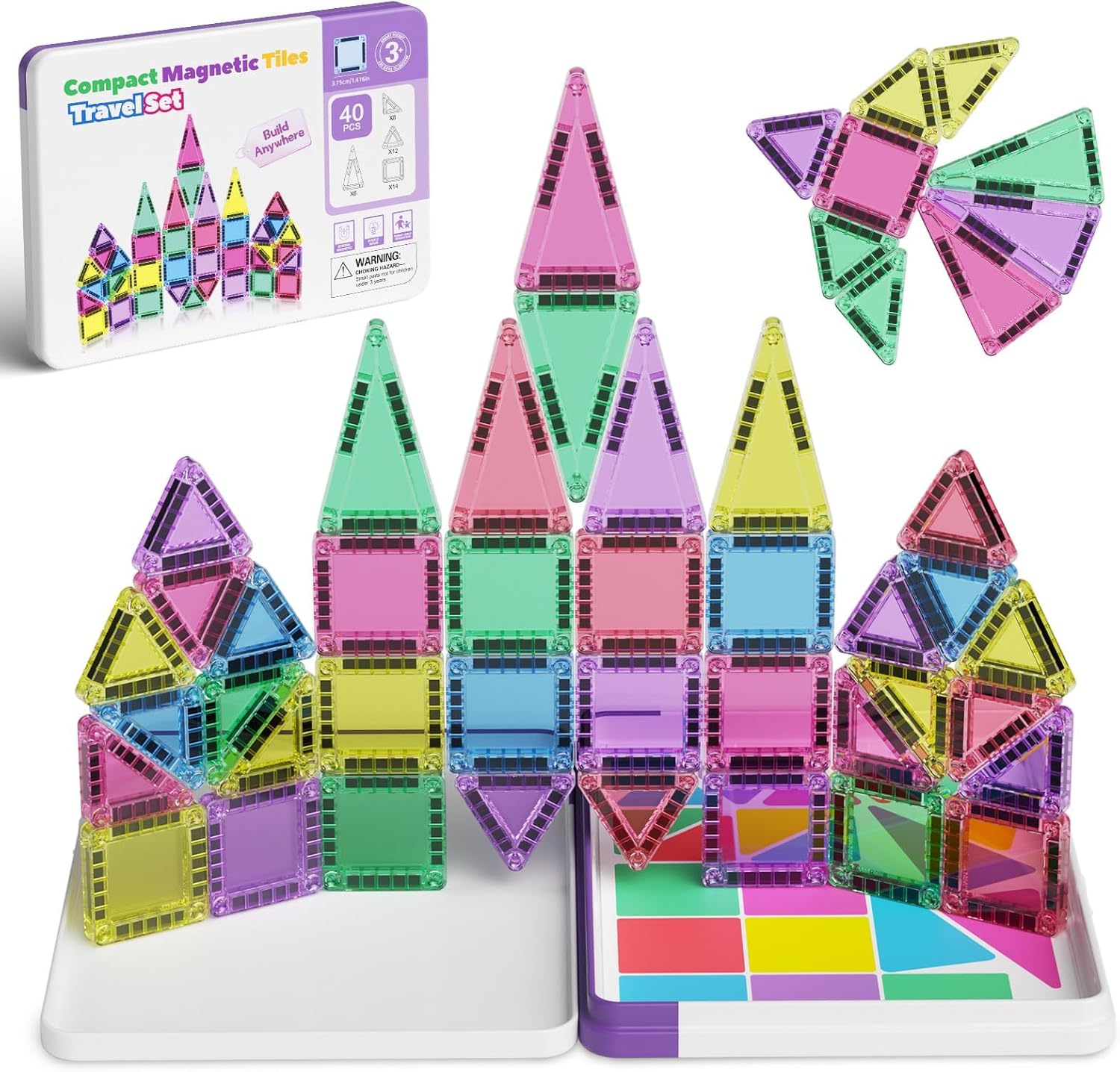 Mini Magnetic Tiles Building Blocks 40PCS - Montessori Educational Travel Construction Set with Storage Box
