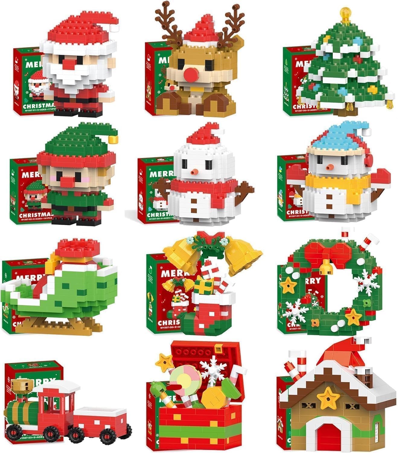 12 Pack Christmas Building Blocks Set, Santa Claus Mini Figures, DIY Stocking Stuffers, Holiday Party Favors