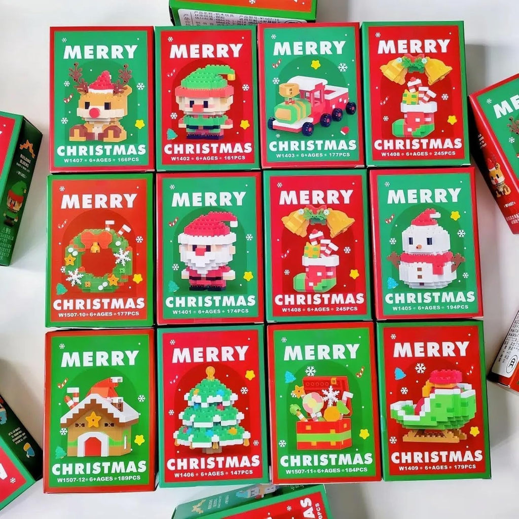 12 Pack Christmas Building Blocks Set, Santa Claus Mini Figures, DIY Stocking Stuffers, Holiday Party Favors