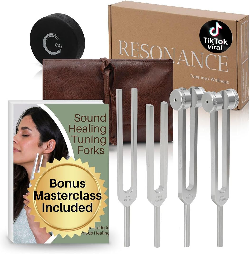 Healing Tuning Fork Set - 128Hz, 136.1Hz, 256Hz, 384Hz for Stress Relief & Chakra Balance