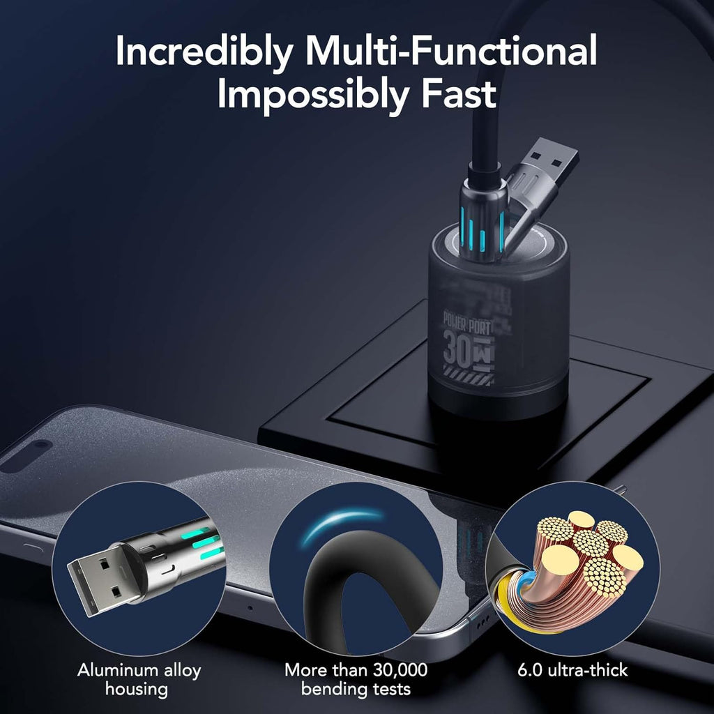 4-in-1 Universal USB Charging Cable with Carrying Case – 240W Max Fast Charger Cord, USB-A, Dual USB-C & Lightning