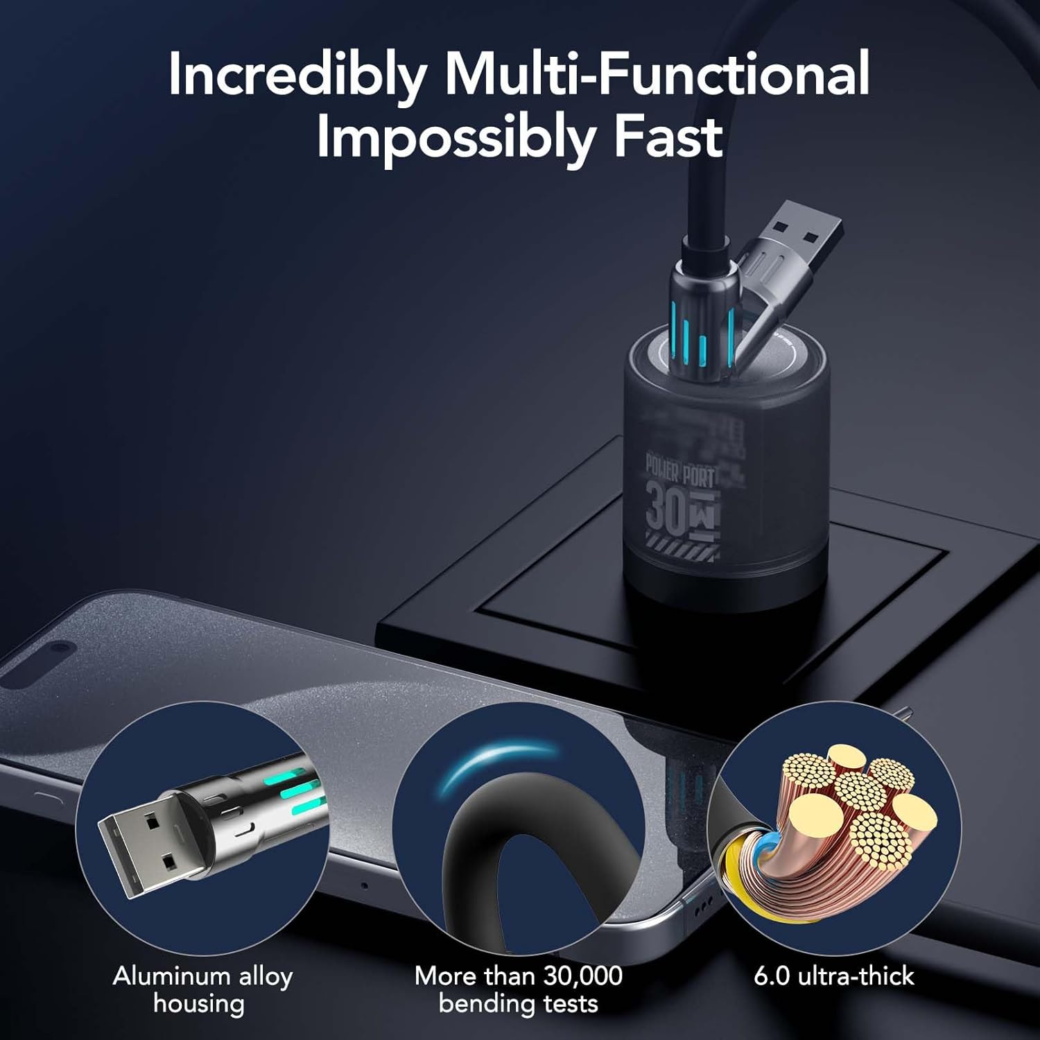 4-in-1 Universal USB Charging Cable with Carrying Case – 240W Max Fast Charger Cord, USB-A, Dual USB-C & Lightning