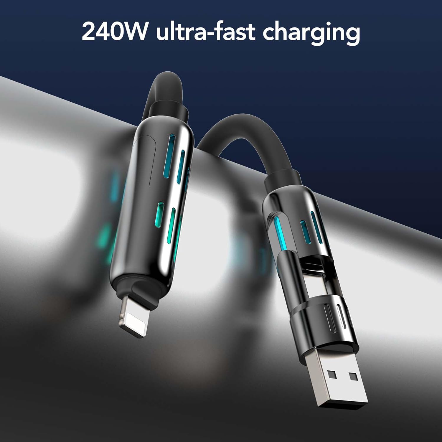 4-in-1 Universal USB Charging Cable with Carrying Case – 240W Max Fast Charger Cord, USB-A, Dual USB-C & Lightning