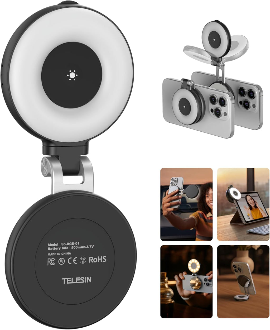 Magnetic Phone Beauty Selfie Light with CRI97 LED Ring, Mirror for iPhone Magsafe