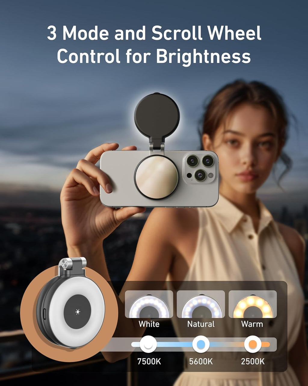 Magnetic Phone Beauty Selfie Light with CRI97 LED Ring, Mirror for iPhone Magsafe