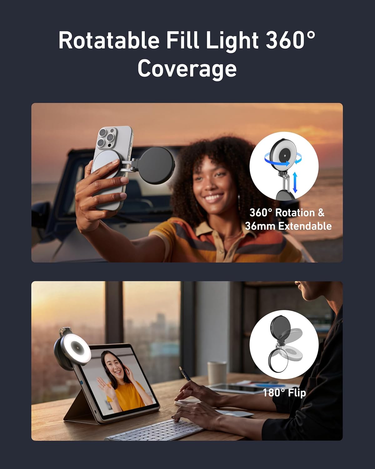 Magnetic Phone Beauty Selfie Light with CRI97 LED Ring, Mirror for iPhone Magsafe