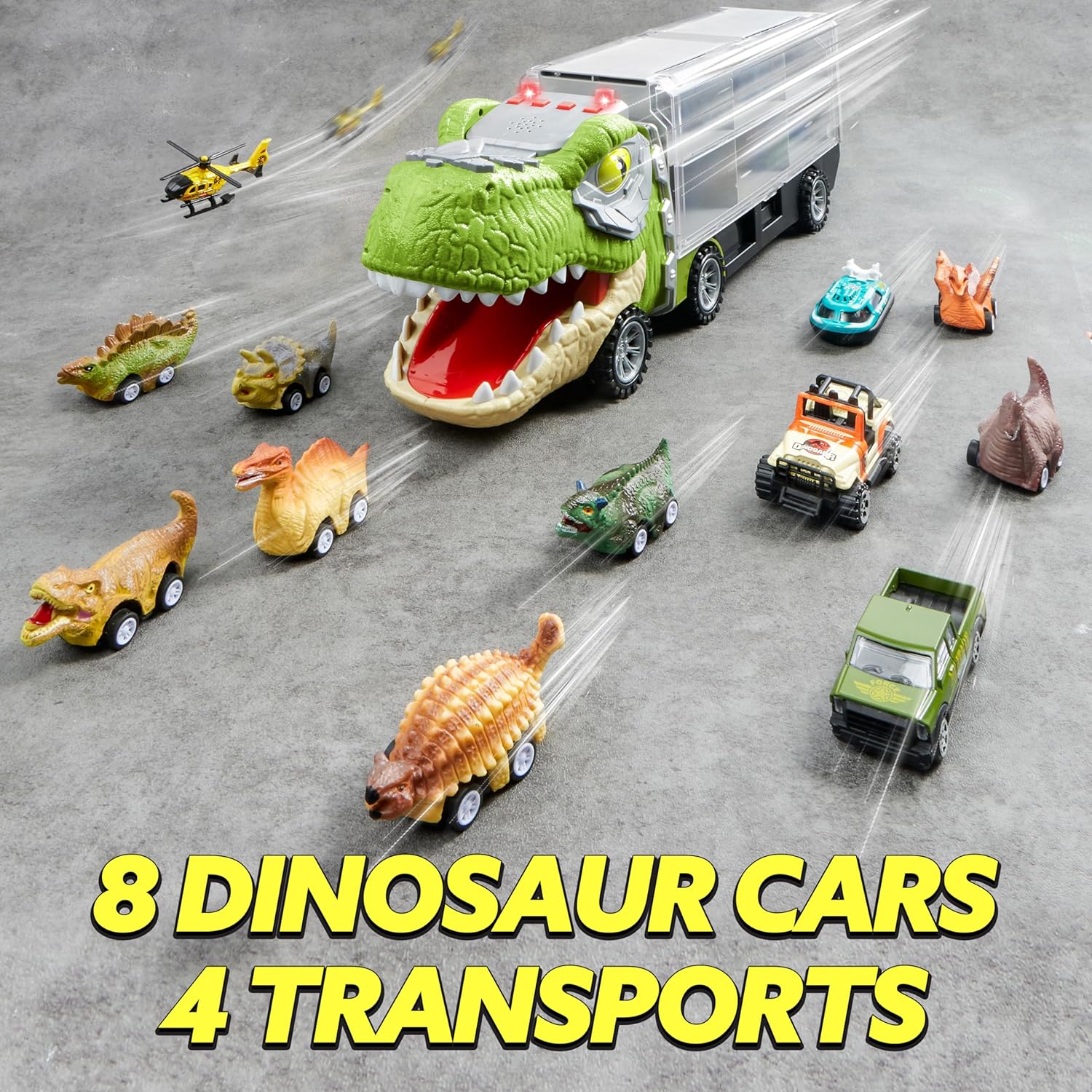 13-in-1 Dinosaur Transport Truck with 12 Pull Back Cars & Sounds, Educational Toy for Kids 3-5 Years