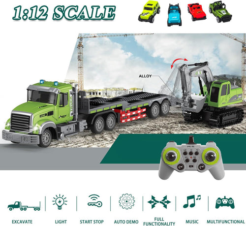 1:12 Scale RC Semi-Trailer Truck & Excavator Set with Sound, Lights, 2.4Ghz Remote Control