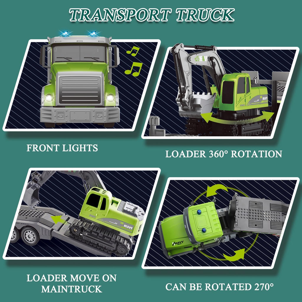 1:12 Scale RC Semi-Trailer Truck & Excavator Set with Sound, Lights, 2.4Ghz Remote Control