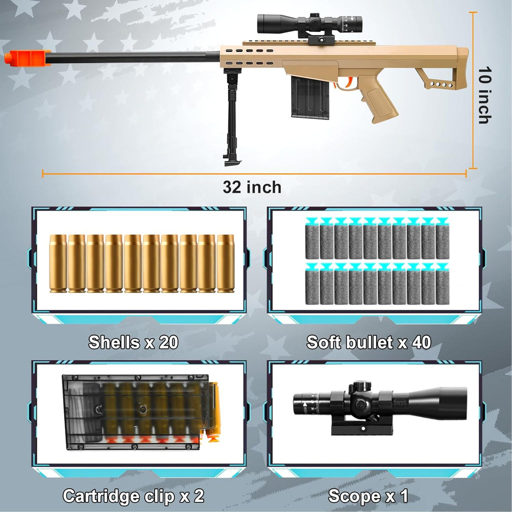37in Realistic Sniper Rifle Toy with Scope, Shell Ejecting Foam Blaster Gun for Outdoor Games
