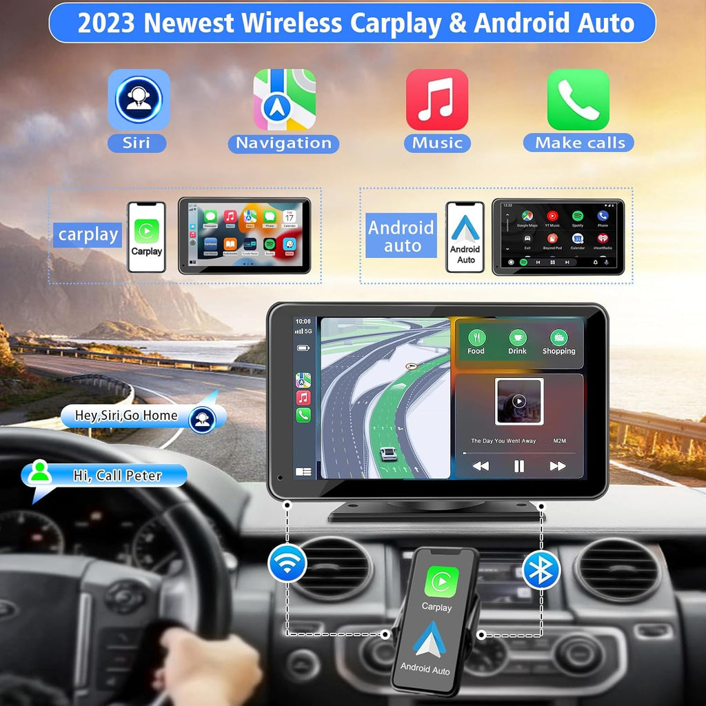 7" Portable Wireless CarPlay & Android Auto Screen with Backup Camera, Bluetooth 5.2, Mirror Link