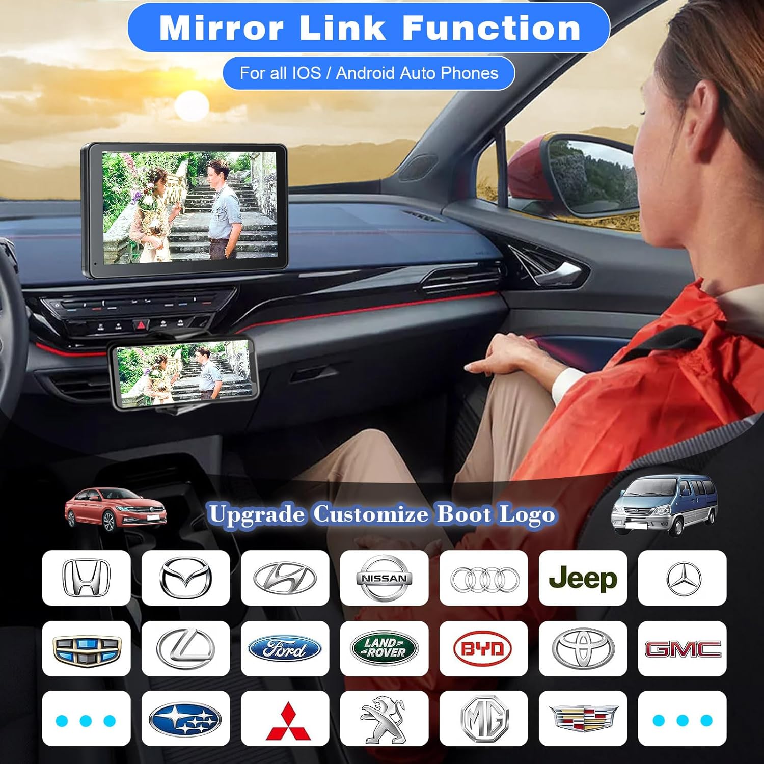 7" Portable Wireless CarPlay & Android Auto Screen with Backup Camera, Bluetooth 5.2, Mirror Link