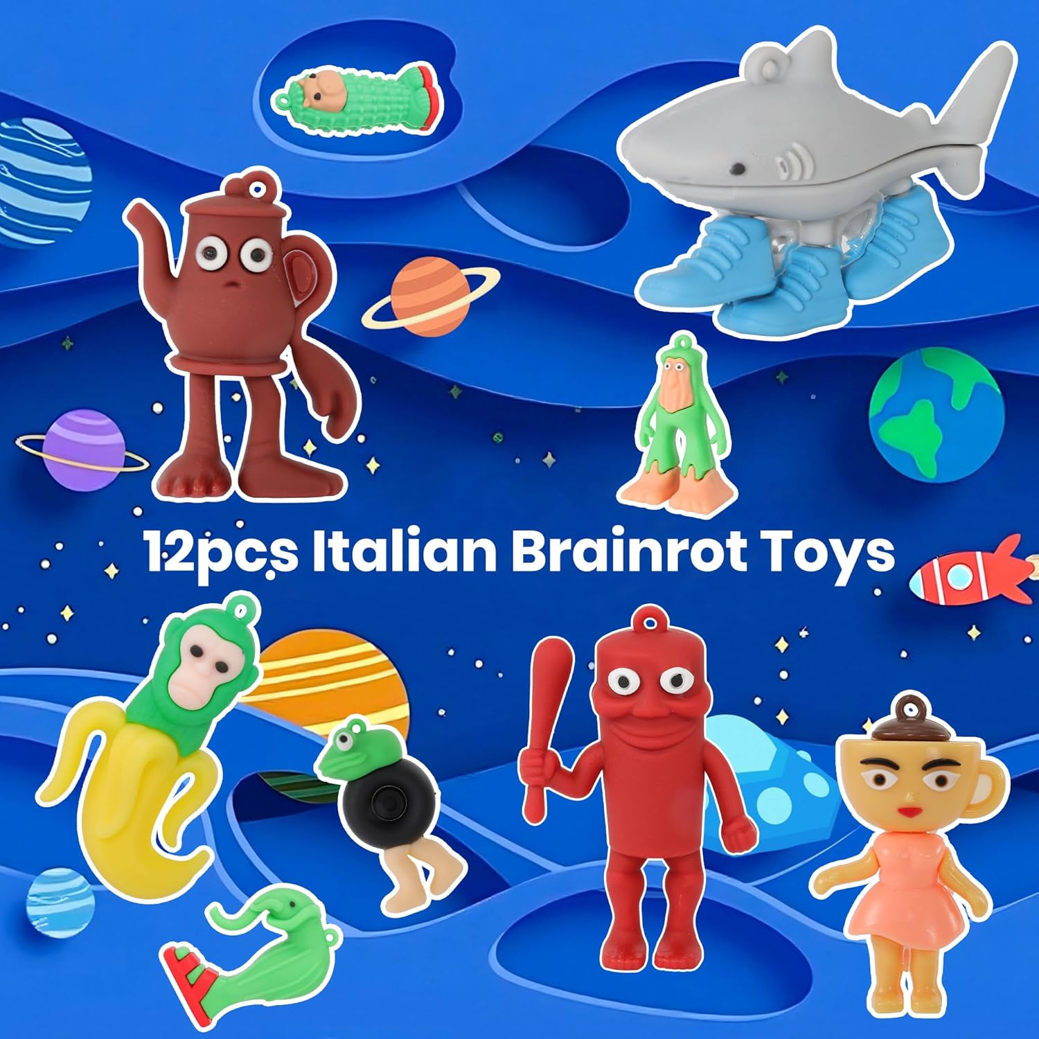 12PCS Italian Meme Action Figures, 2.5in Funny Shark Toys, Multi-Use Keychain Decor for Office & Room