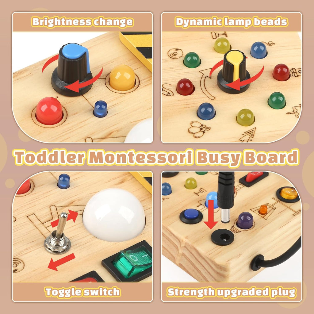 Montessori Busy Board with LED Light Up Switches, Sensory Travel Toy for Toddlers 18+ Months