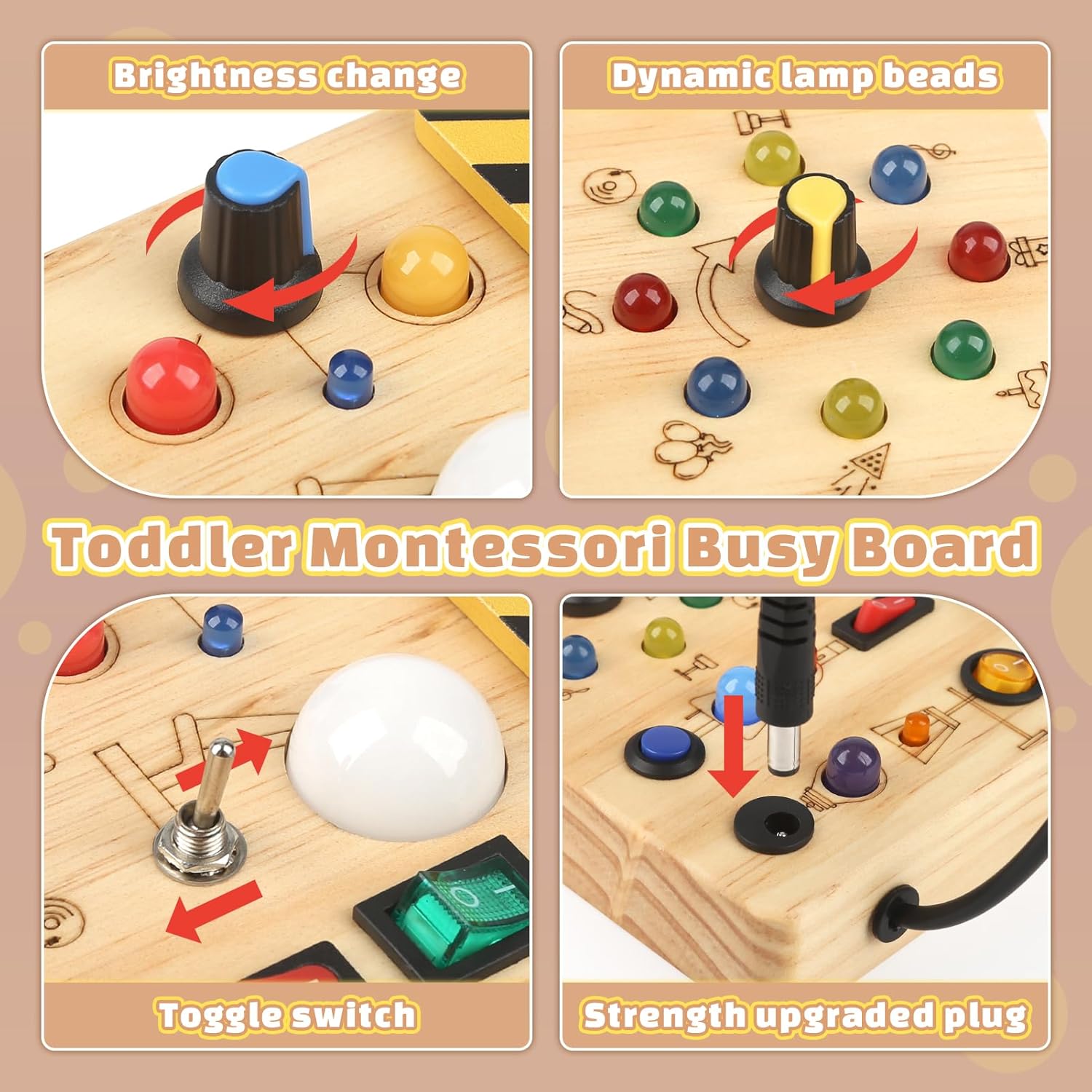 Montessori Busy Board with LED Light Up Switches, Sensory Travel Toy for Toddlers 18+ Months