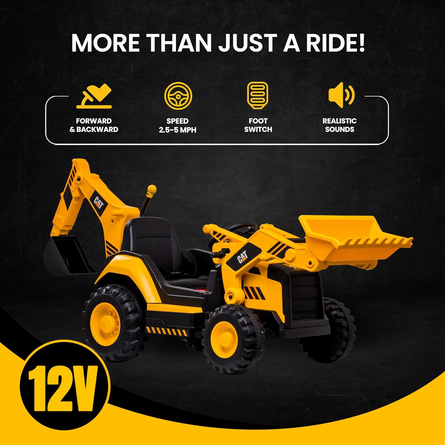 12V Ride-On Excavator Toy with Realistic Sounds, 2.5-5 mph, for Kids 3-6 Years
