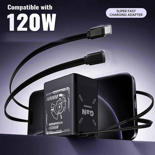 2-in-1 GaN Fast Charger with Retractable Cables, 120W Foldable Wall Adapter for Phones & Tablets