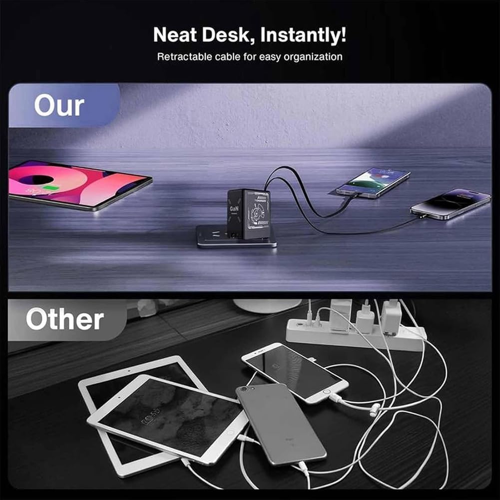 2-in-1 GaN Fast Charger with Retractable Cables, 120W Foldable Wall Adapter for Phones & Tablets